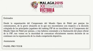 cancelacion campeonato del mundo padel malaga